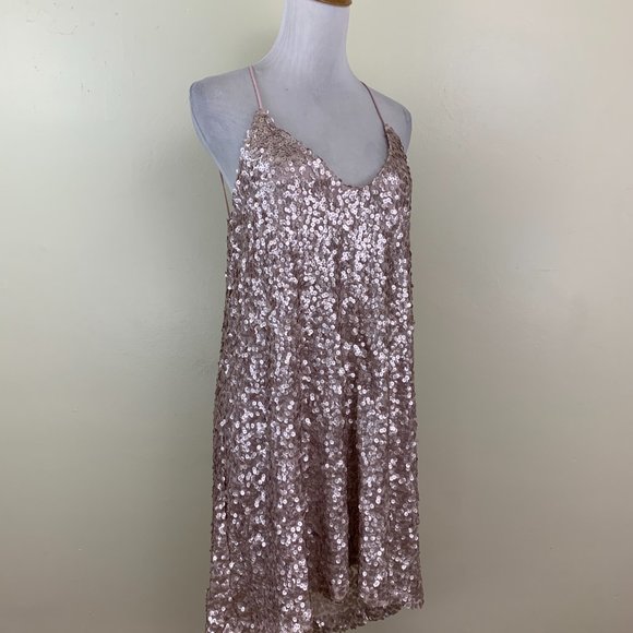 NSR Light Pink w Pink/Silver'ish Sequins Strappy Back Loose Fit High Low Dress - Picture 4 of 9